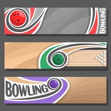 Vector horizontal Banners for Bowling: 3 cartoon covers for title text on bowling theme, ball throwing in ten pins on floor lane, abstract headers banner for inscription on grey background, top view.