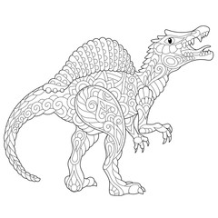 Stylized spinosaurus dinosaur of the middle Cretaceous period, isolated on white background. Freehand sketch for adult anti stress coloring book page with doodle and zentangle elements.