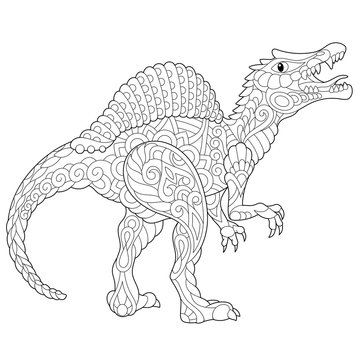 Stylized spinosaurus dinosaur of the middle Cretaceous period, isolated on white background. Freehand sketch for adult anti stress coloring book page with doodle and zentangle elements.