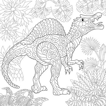 Stylized spinosaurus dinosaur of the middle Cretaceous period. Freehand sketch for adult anti stress coloring book page with doodle and zentangle elements.
