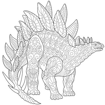 Stylized stegosaurus dinosaur of the Jurassic and early Cretaceous periods, isolated on white background. Freehand sketch for adult anti stress coloring book page with doodle and zentangle elements.