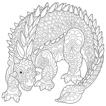 Stylized stegosaurus dinosaur of the Jurassic and early Cretaceous periods. Freehand sketch for adult anti stress coloring book page with doodle and zentangle elements.