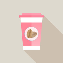sweet pink coffee paper cup with long shadow, vector illustration