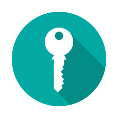 Key icon with long shadow. Flat design style. Round icon. Key silhouette. Simple circle green icon. Modern flat icon in stylish colors. Web site page and mobile app design element.
