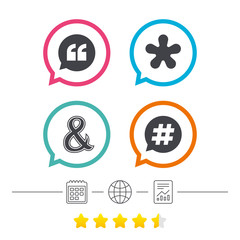 Quote, asterisk footnote icons. Hashtag symbol.