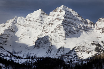Snow covered Maroon Bells, Winter, Colorado