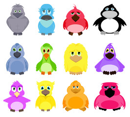 Obraz premium Cute colorful cartoon birds isolated on white background. Vector big set of illustrations.