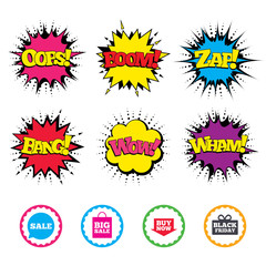 Sale speech bubble icons. Buy now arrow symbol.