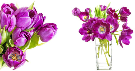 purple tulips on a  white wooden table