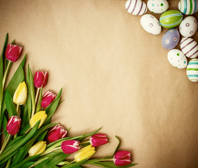 Eastern egg, tulips on brown wrapping paper