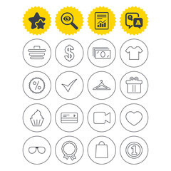 Shopping icons. Shirt, gift box and currency.