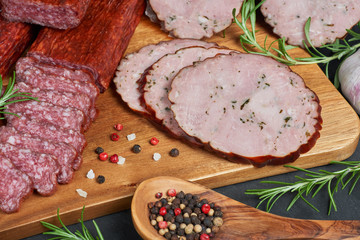 Set of cold cuts on a wooden board. Mix of sausages