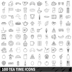 100 tea time icons set, outline style