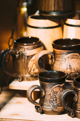 Souvenir Cup On Store Shelves. Various Traditional Cups At Folk 