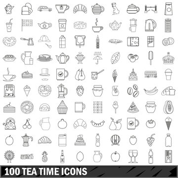 100 tea time icons set, outline style