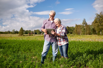 happy senior couple with tablet pc at summer farm
