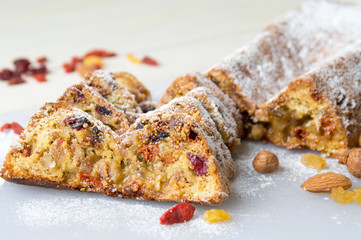 Homemade fruit bread on a tray