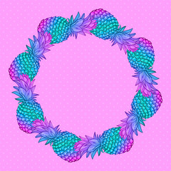 Pineapple creative trendy art wreath. Neon colors, fashionable style memphis, neofank, rave Vector. Isolated. Print on T-shirt, cover, bag. Logo for trend cafe, bar