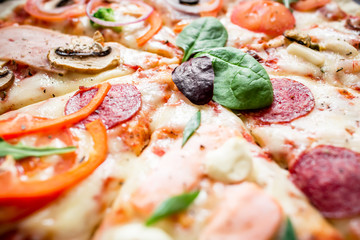 Delicious pizza with ingredients. Food background