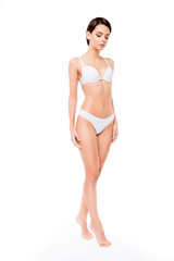 Full length photo of slim fit woman in white lingerie