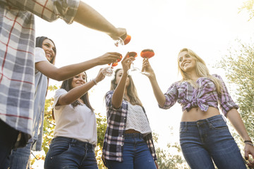 people doing a toast with red wine outdoors