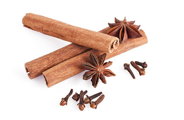 Cinnamon and anise on white background.