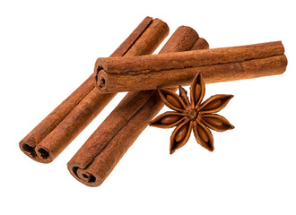 cinnamon stick and star anise spice isolated on white background,
