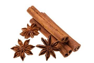 cinnamon stick and star anise spice isolated on white background,
