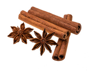 cinnamon stick and star anise spice isolated on white background,
