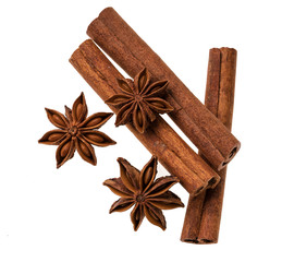 cinnamon stick and star anise spice isolated on white background,