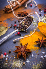 Different spices on a black background. Turmeric, paprika, star anise, cinnamon sticks, pepper