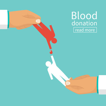 Blood donation concept. Doctor holding in hand silhouettes of people blood transfusion. Vector illustrations flat design. Isolated on background. Donor day. Medical background. Give life. 