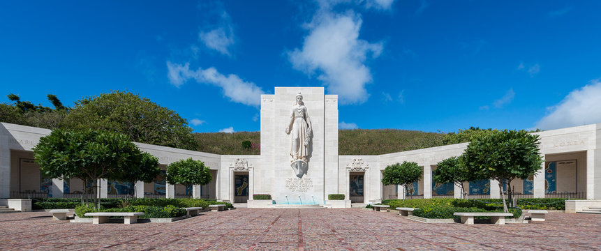 Statue of Lady Columbia on the Honolulu Memorial at the National Memorial Cemetery of the Pacific (Punchbowl Cemetery) in Honolulu, Hawaii