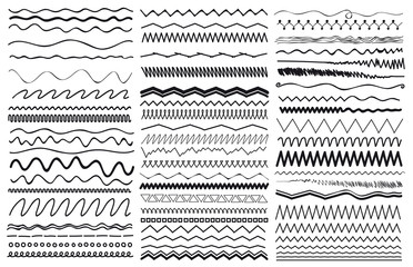 Set of wavy curved and zig zag criss cross horizontal lines. Vector illustration. Isolated on white background. Freehand drawing.