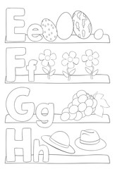 Alphabet coloring page - letters e, f, g, h