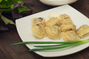 Russian pelmeni with fresh green onion on plate. Wooden background. Top view. Close-up