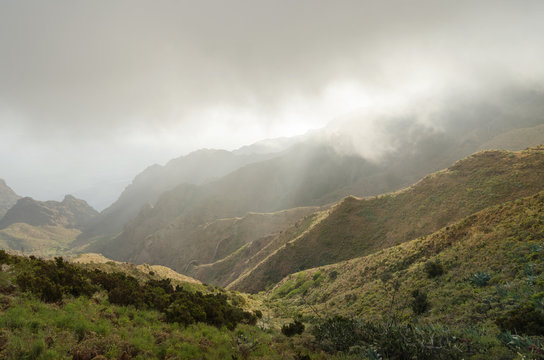 Misty landscape in Tenerife canyons, Tenerife, Canary islands, Spain.