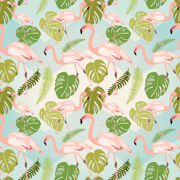 Hand drawn pink flamingo and monstera leaves. Seamless pattern