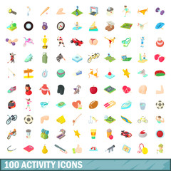 100 activity icons set, cartoon style