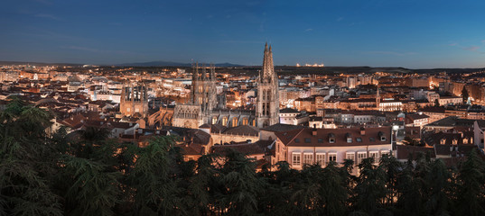 Night panorama of Burgos medieval city, Castilla y Leon, Spain.