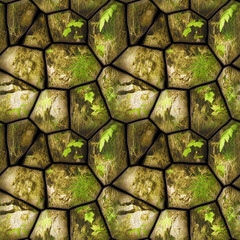 Seamless pattern with leaves, grass and cracked stones. Natural brown, green and yellow background of polygonal stones and plants