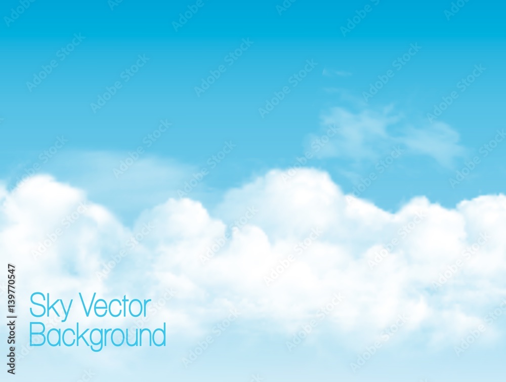 Poster blue sky background with white transparent clouds. vector background.