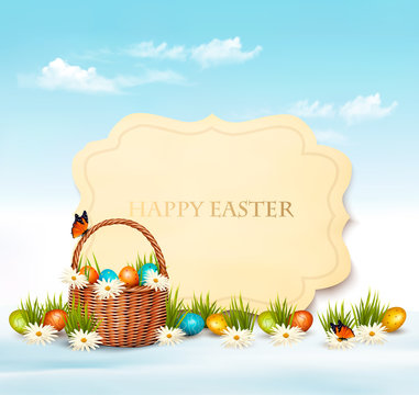 Happy Easter background. Eggs in a basket. Vector.