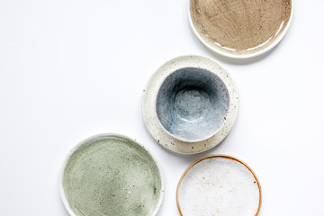 ceramic tableware top view on white background mock up