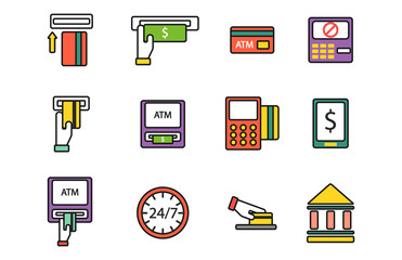 ATM pos-terminal with hand credit card icons payment transfer mobile service and automatic terminal money currency cash sign banking dollar machine vector illustration.