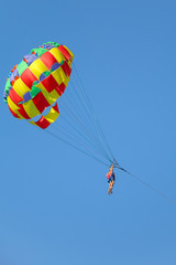 A couple flying on a parachute on a sunny day
