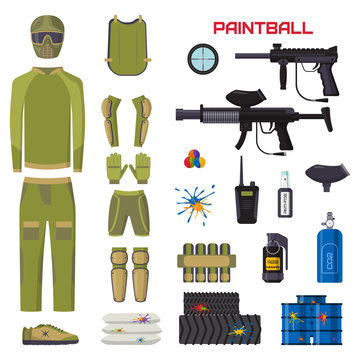 Set of paintball club symbols icons protection uniform and sport game design elements shooting man costume equipment target vector illustration