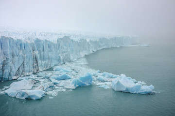 Waterfront on a stormy day at the Perito Moreno Glacier in Patagonia, Argentina.