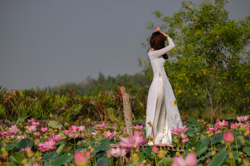 Beautiful woman with Vietnam traditional on lotus field 