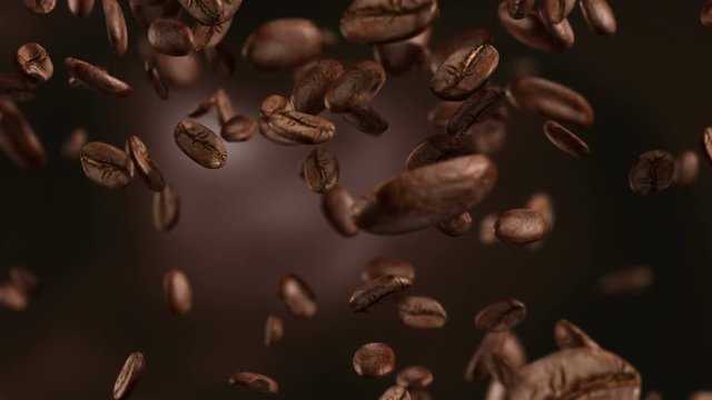 High quality animation video of falling coffee beans-loopable background in slow motion in 4K